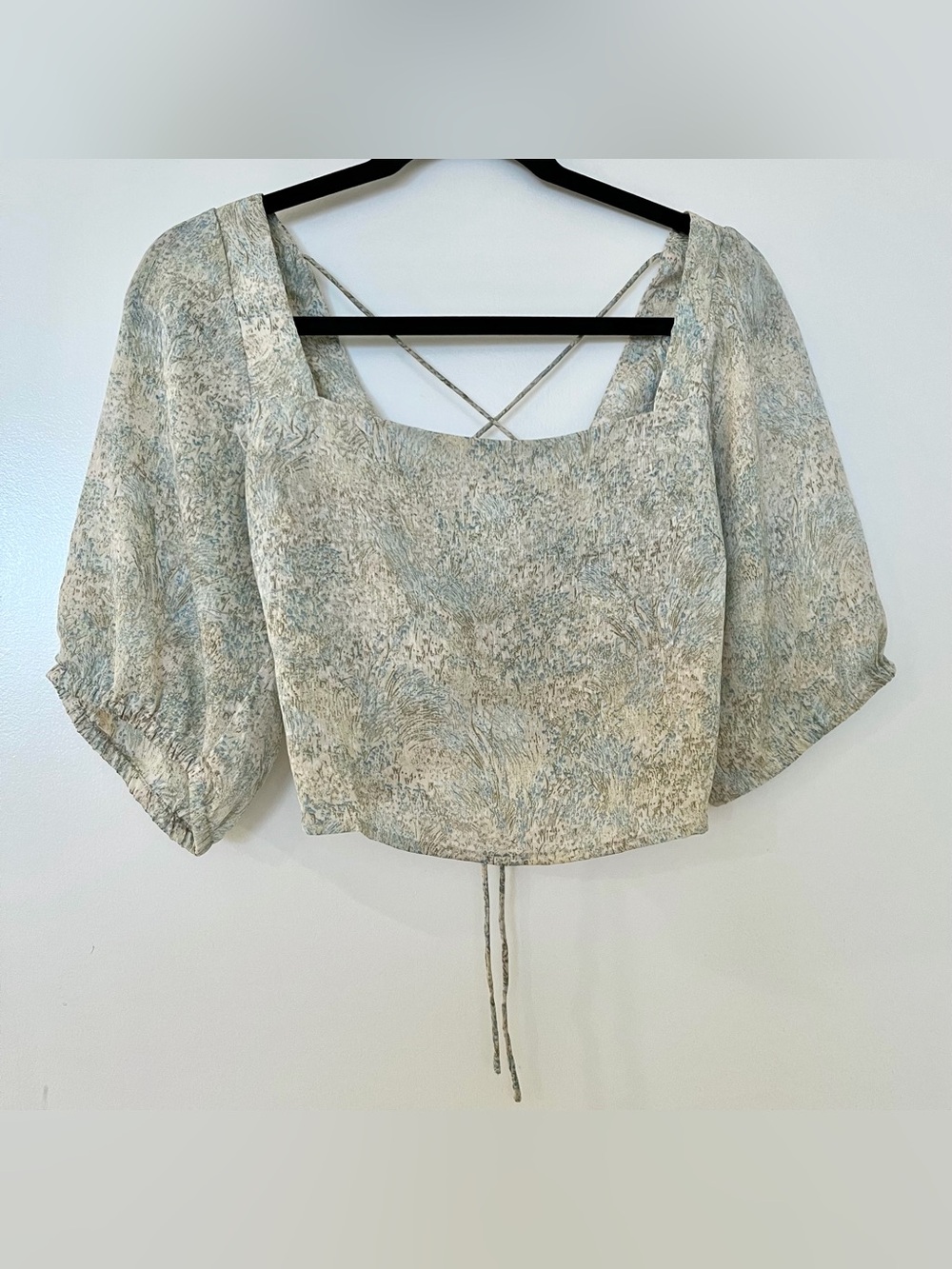 H&M Light Blue and Cream Printed Square-Neck Crop Top